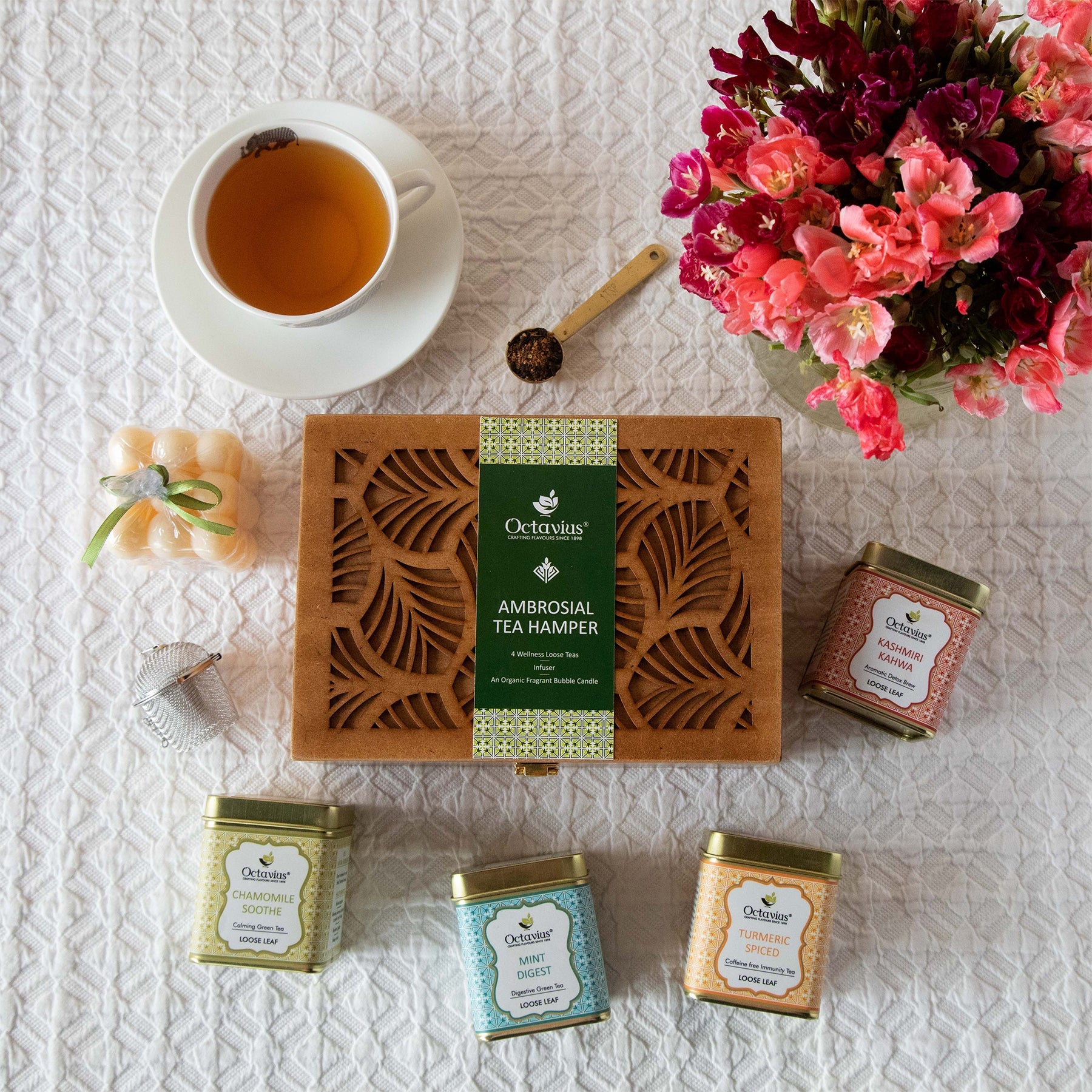 Ambrosial Tea Hamper (4 Wellness Teas, Organic Bubble candle & Infuser) 1200g