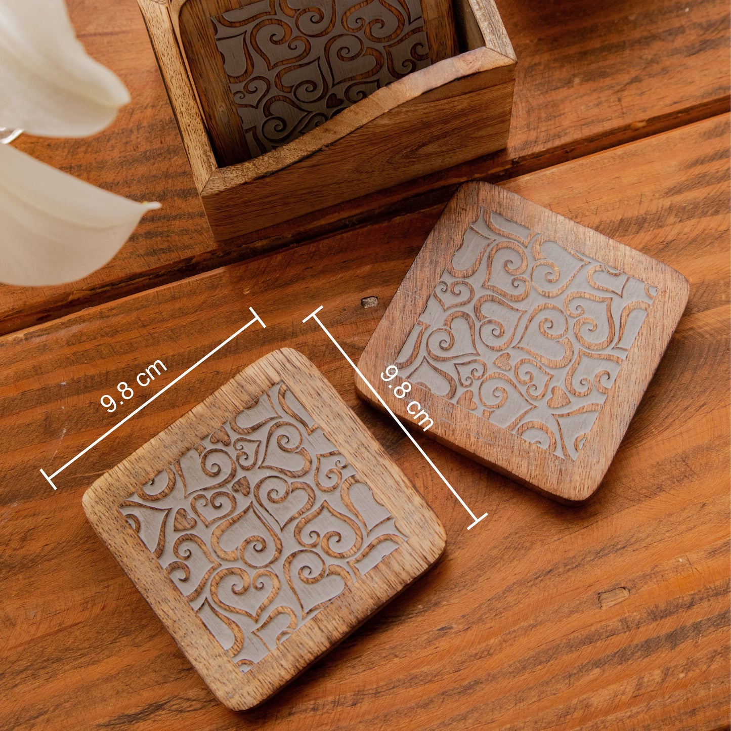 Ornate Swirl Sesham Wood Coasters with Holder – Handcrafted Set of 6 Pack of 6