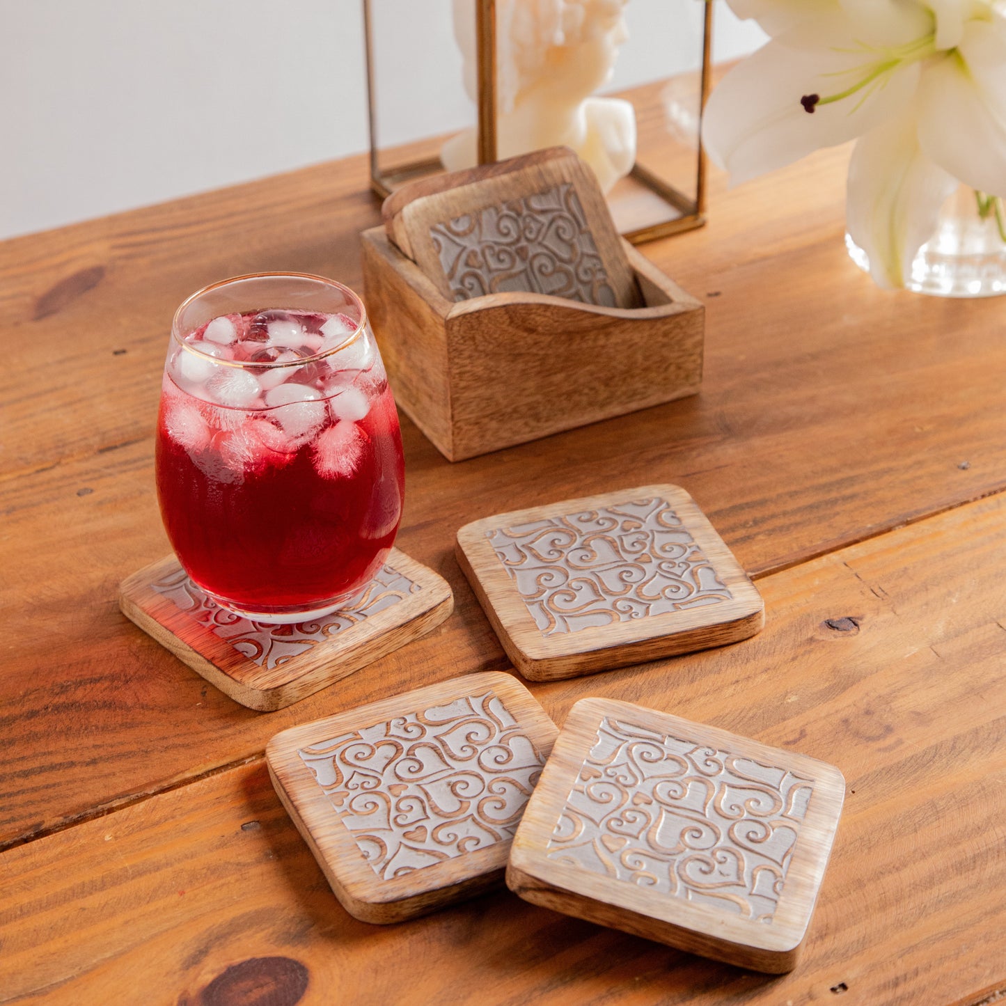 Ornate Swirl Sesham Wood Coasters with Holder – Handcrafted Set of 6 Pack of 6