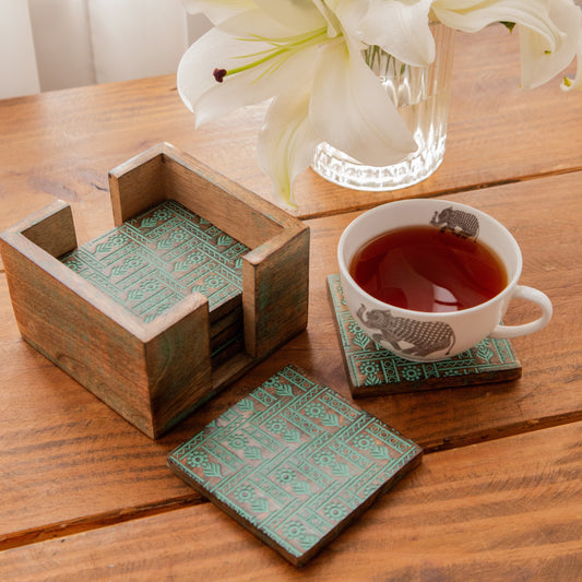 Tribal Motif Sesham Wood Coasters with Holder– Handcrafted Set of 6 Pack of 6