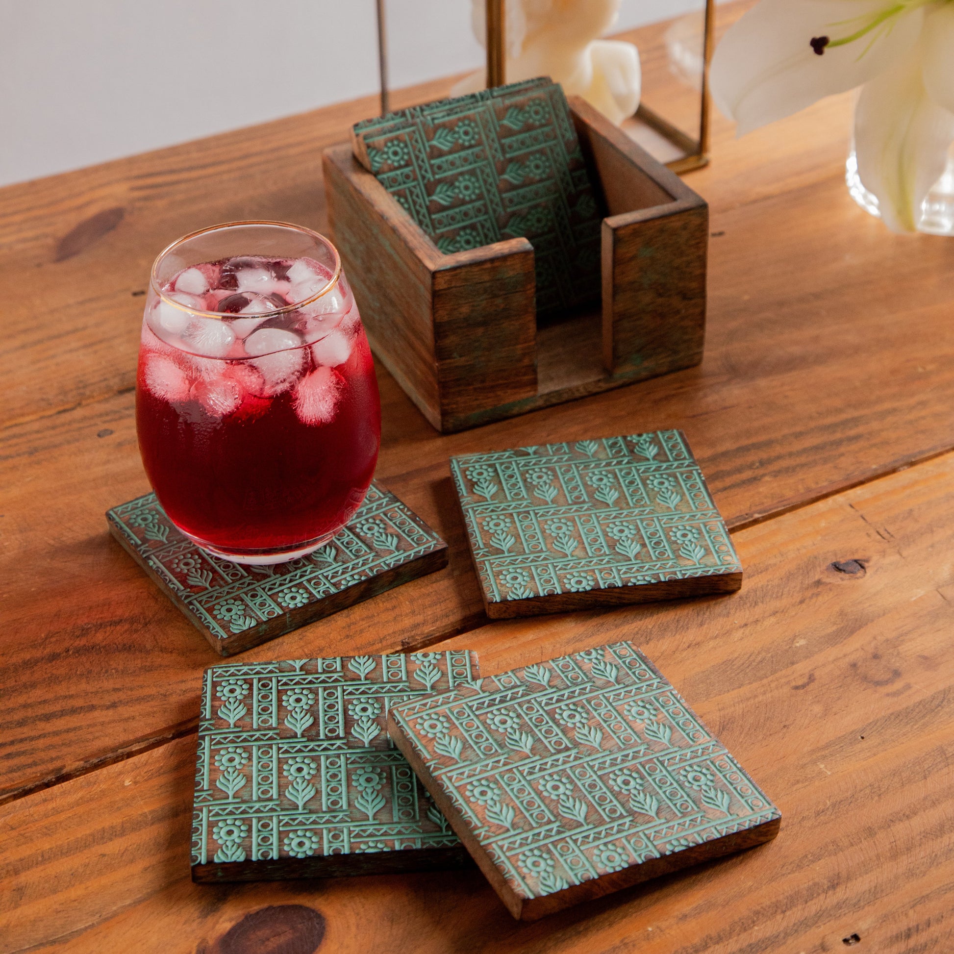 Tribal Motif Sesham Wood Coasters with Holder– Handcrafted Set of 6 Pack of 6