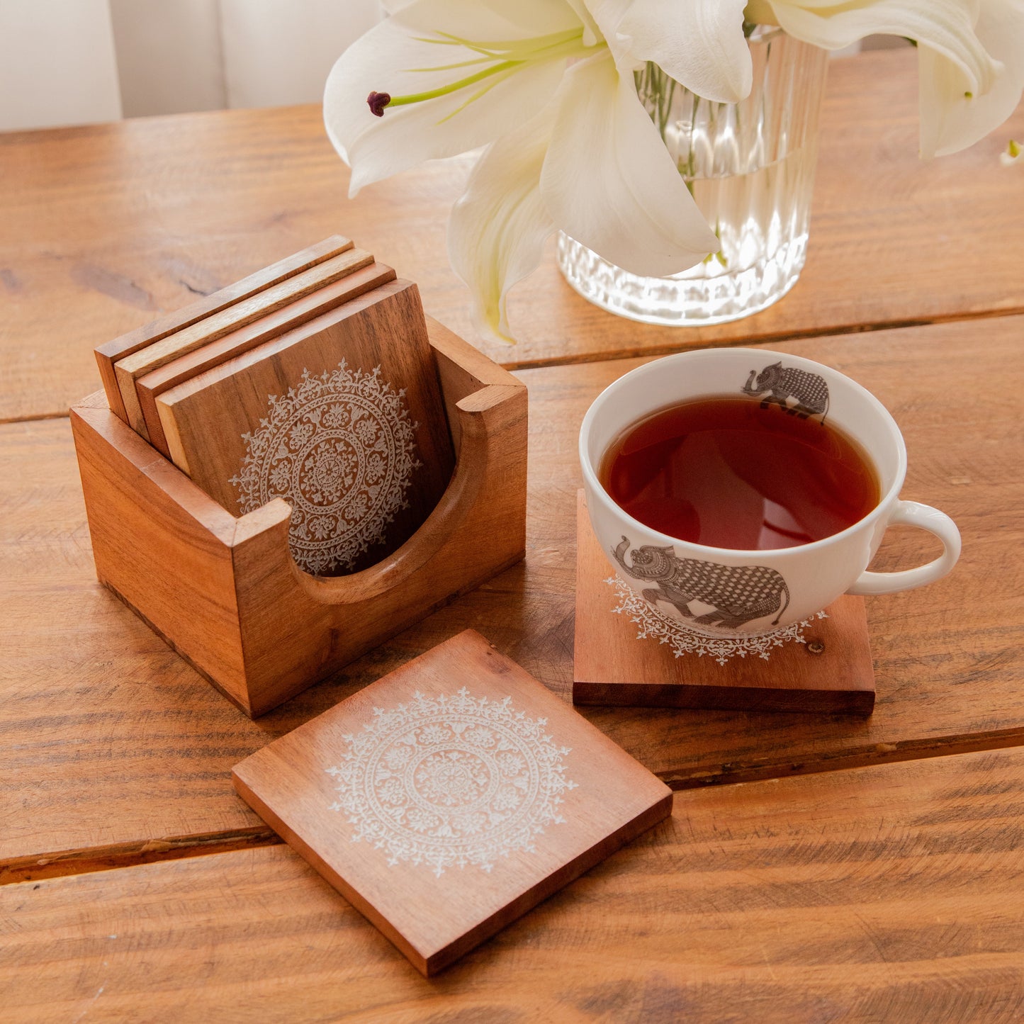 Serenity Mandala Sesham Wood Coasters with Holder – Handcrafted Set of 6 Pack of 6