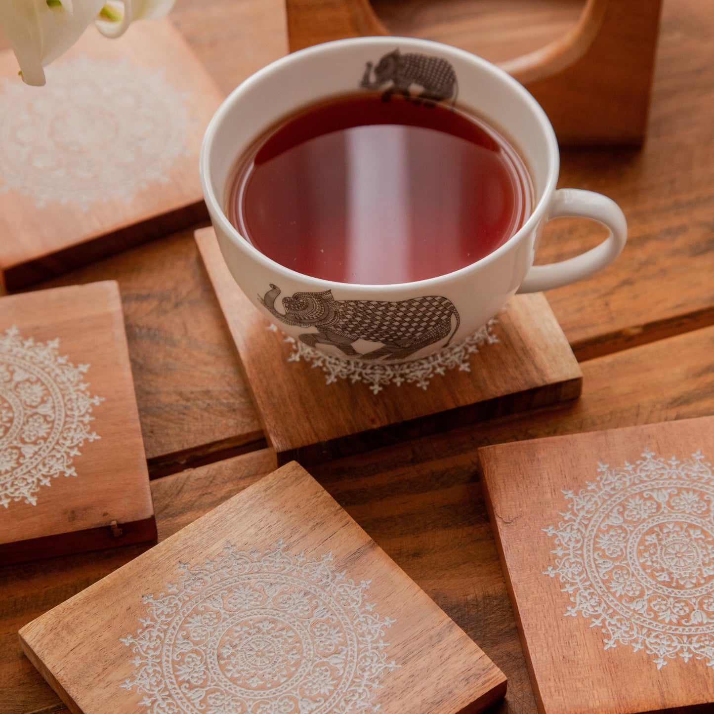 Serenity Mandala Sesham Wood Coasters with Holder – Handcrafted Set of 6 Pack of 6