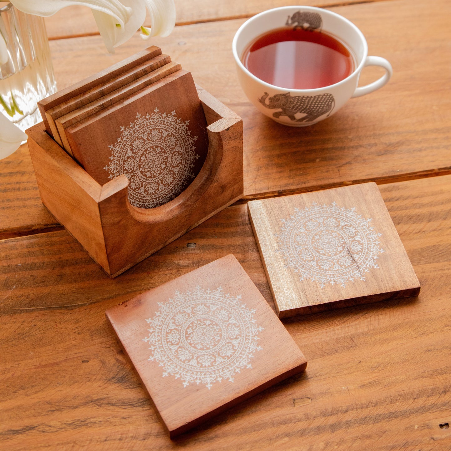 Serenity Mandala Sesham Wood Coasters with Holder – Handcrafted Set of 6 Pack of 6