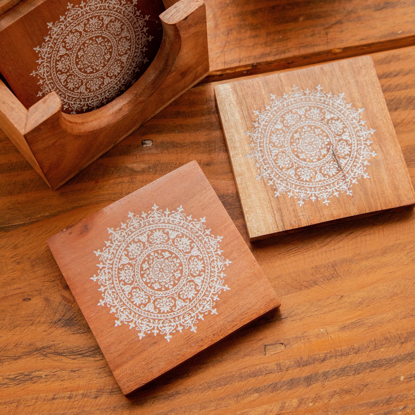 Serenity Mandala Sesham Wood Coasters with Holder – Handcrafted Set of 6 Pack of 6