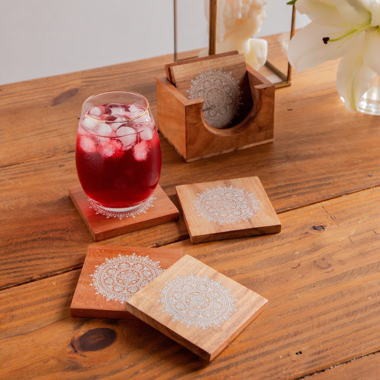 Serenity Mandala Sesham Wood Coasters with Holder – Handcrafted Set of 6 Pack of 6