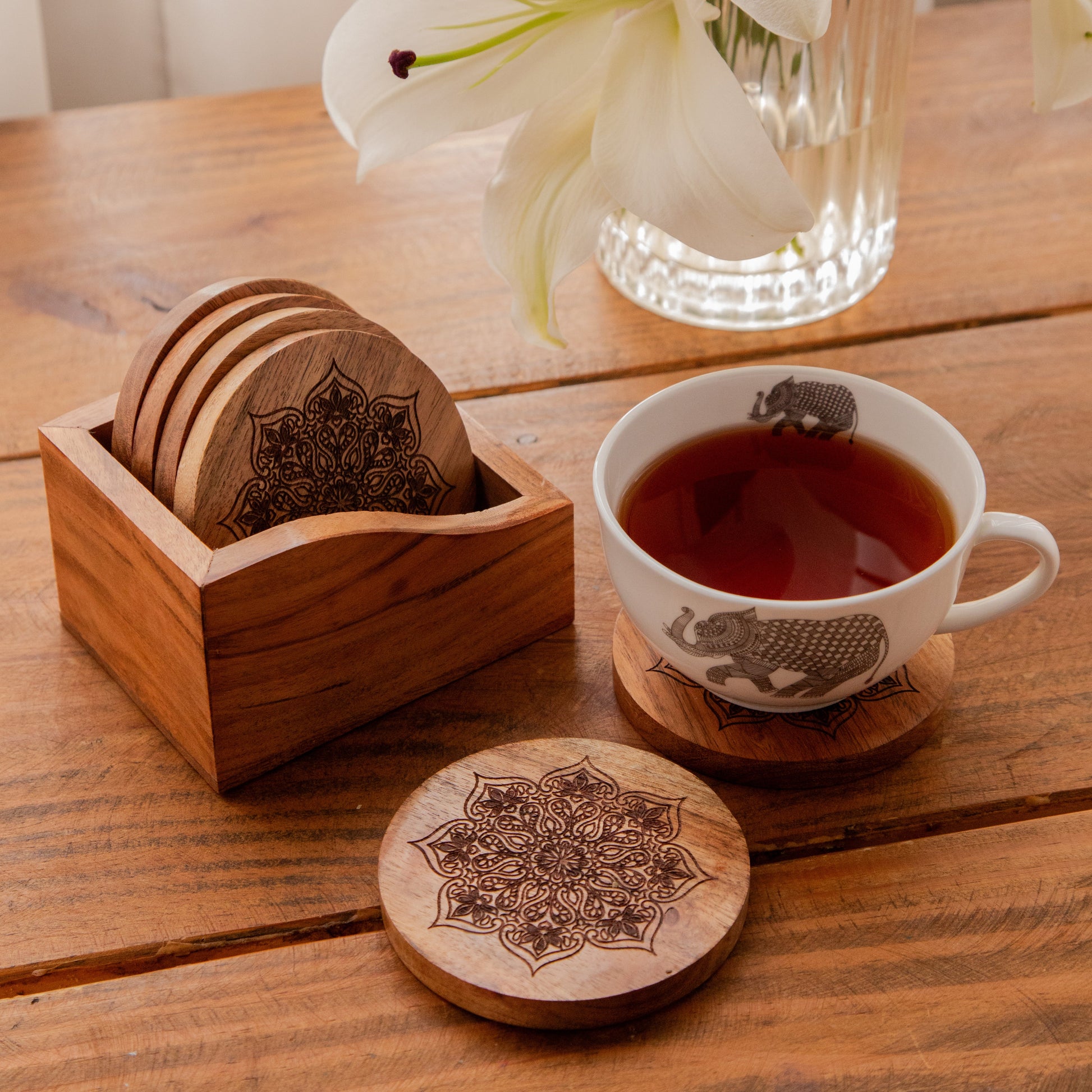 Mystic Lotus Round Sesham Wood Coasters with Holder – Handcrafted Set of 6 Pack of 6
