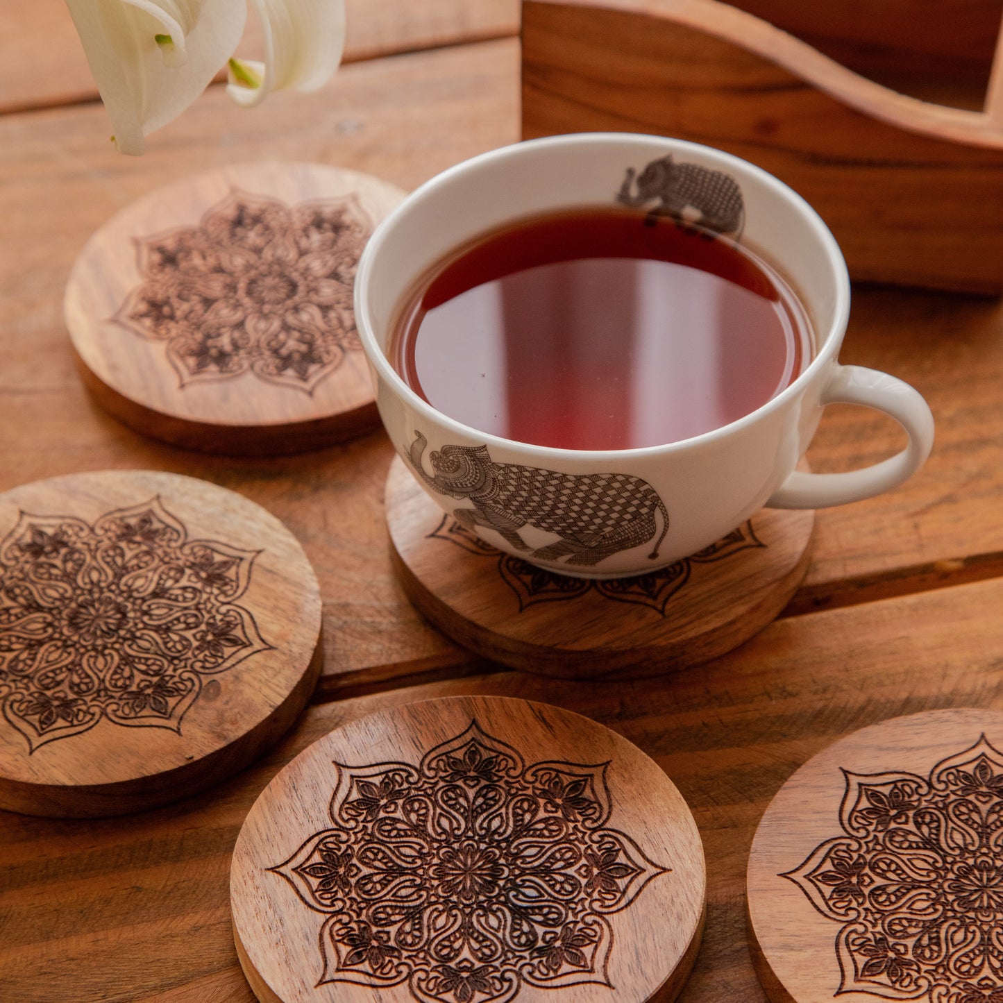 Mystic Lotus Round Sesham Wood Coasters with Holder – Handcrafted Set of 6 Pack of 6