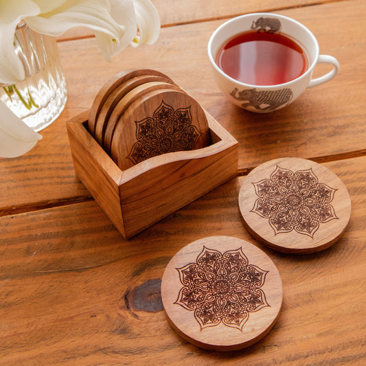 Mystic Lotus Round Sesham Wood Coasters with Holder – Handcrafted Set of 6 Pack of 6
