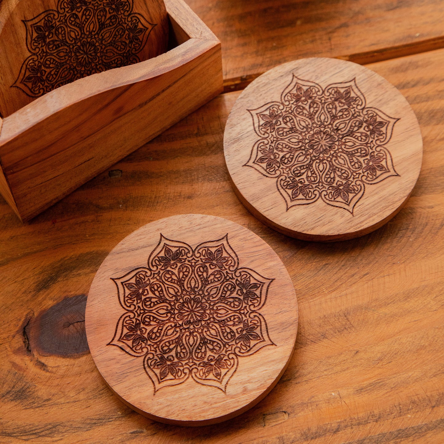 Mystic Lotus Round Sesham Wood Coasters with Holder – Handcrafted Set of 6 Pack of 6