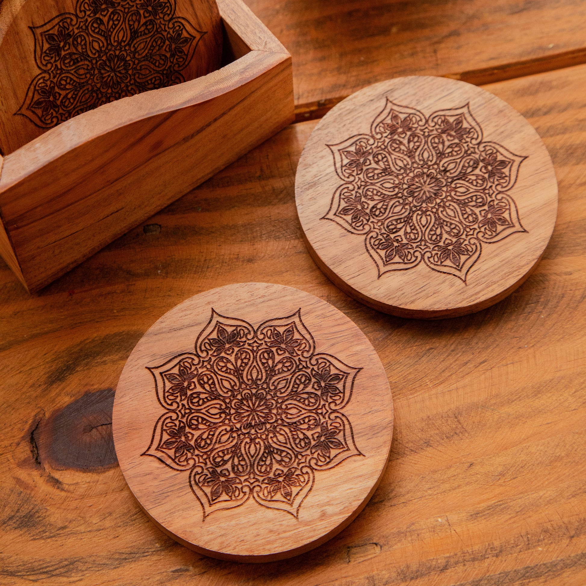 Mystic Lotus Round Sesham Wood Coasters with Holder – Handcrafted Set of 6 Pack of 6