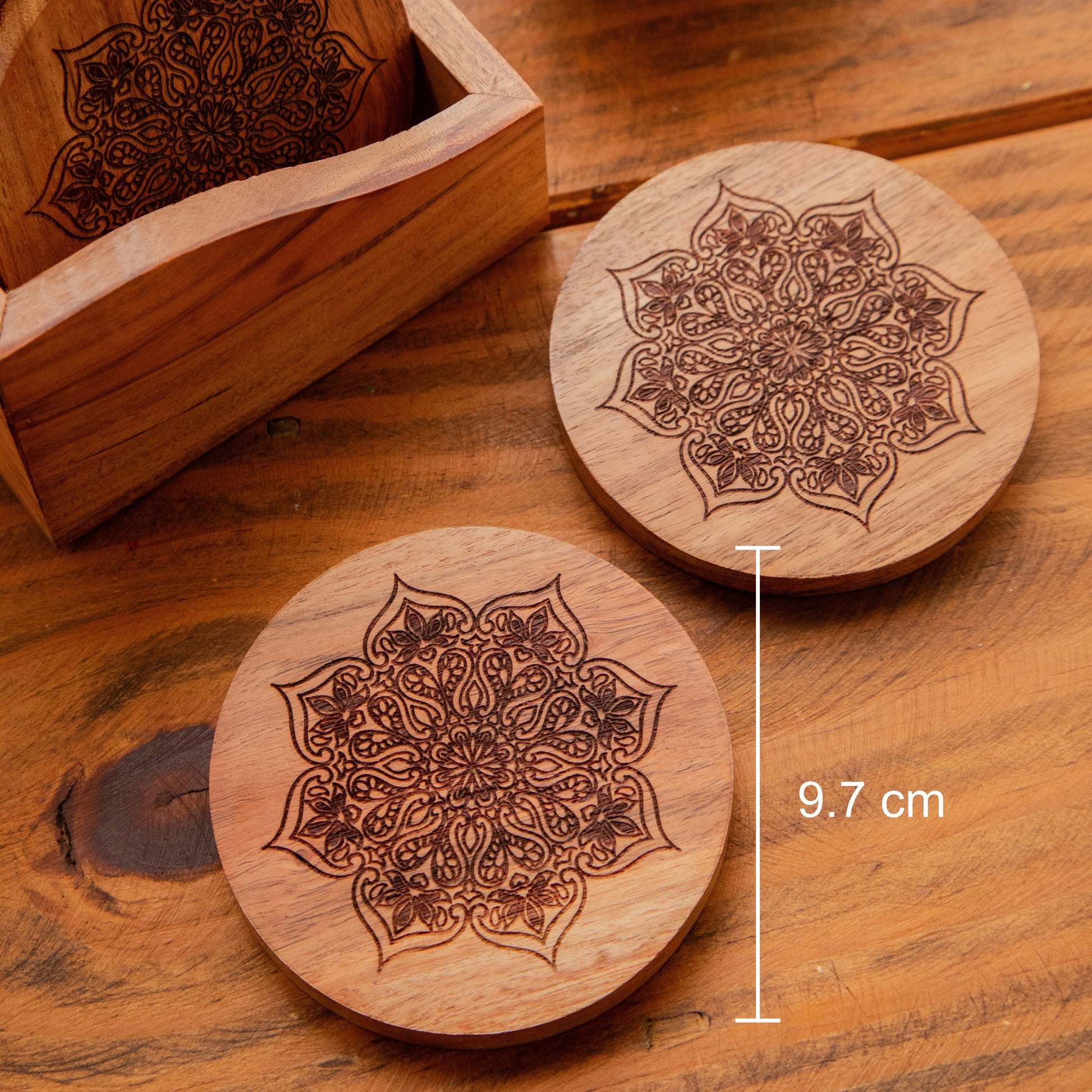 Mystic Lotus Round Sesham Wood Coasters with Holder – Handcrafted Set of 6 Pack of 6