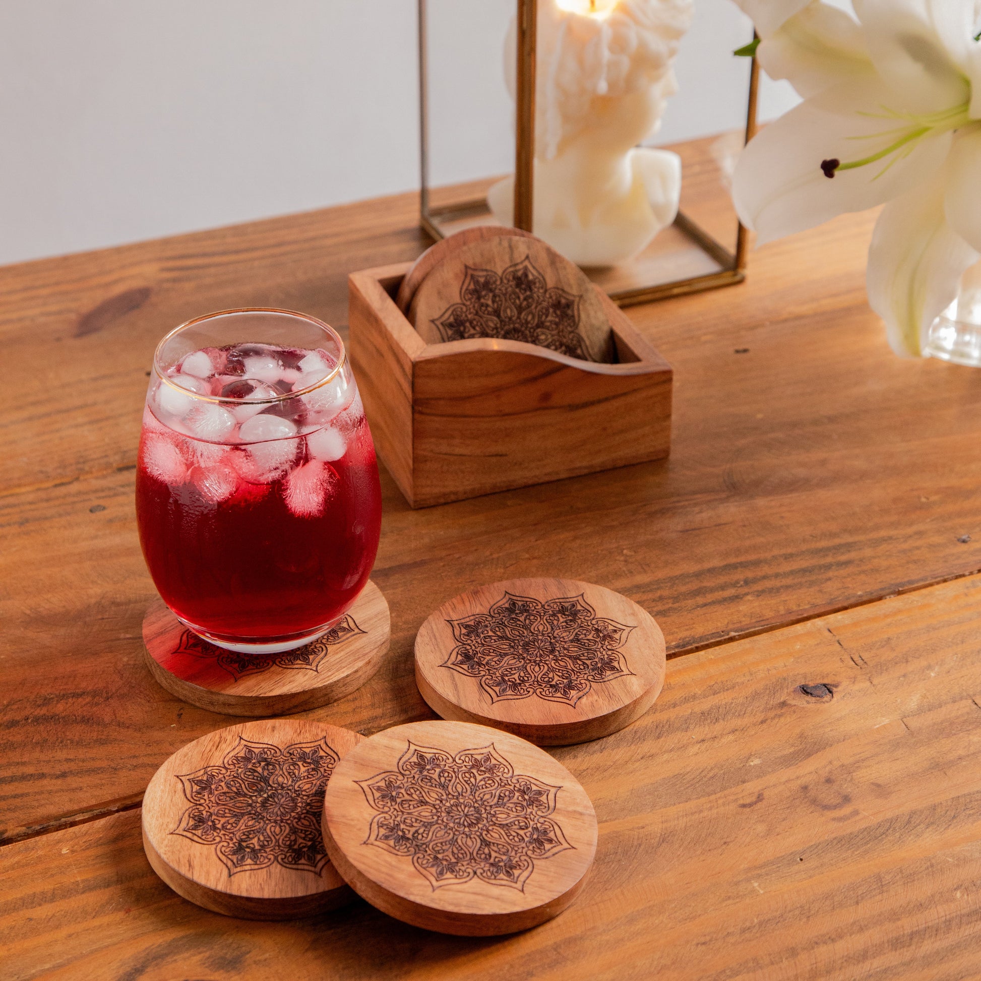Mystic Lotus Round Sesham Wood Coasters with Holder – Handcrafted Set of 6 Pack of 6