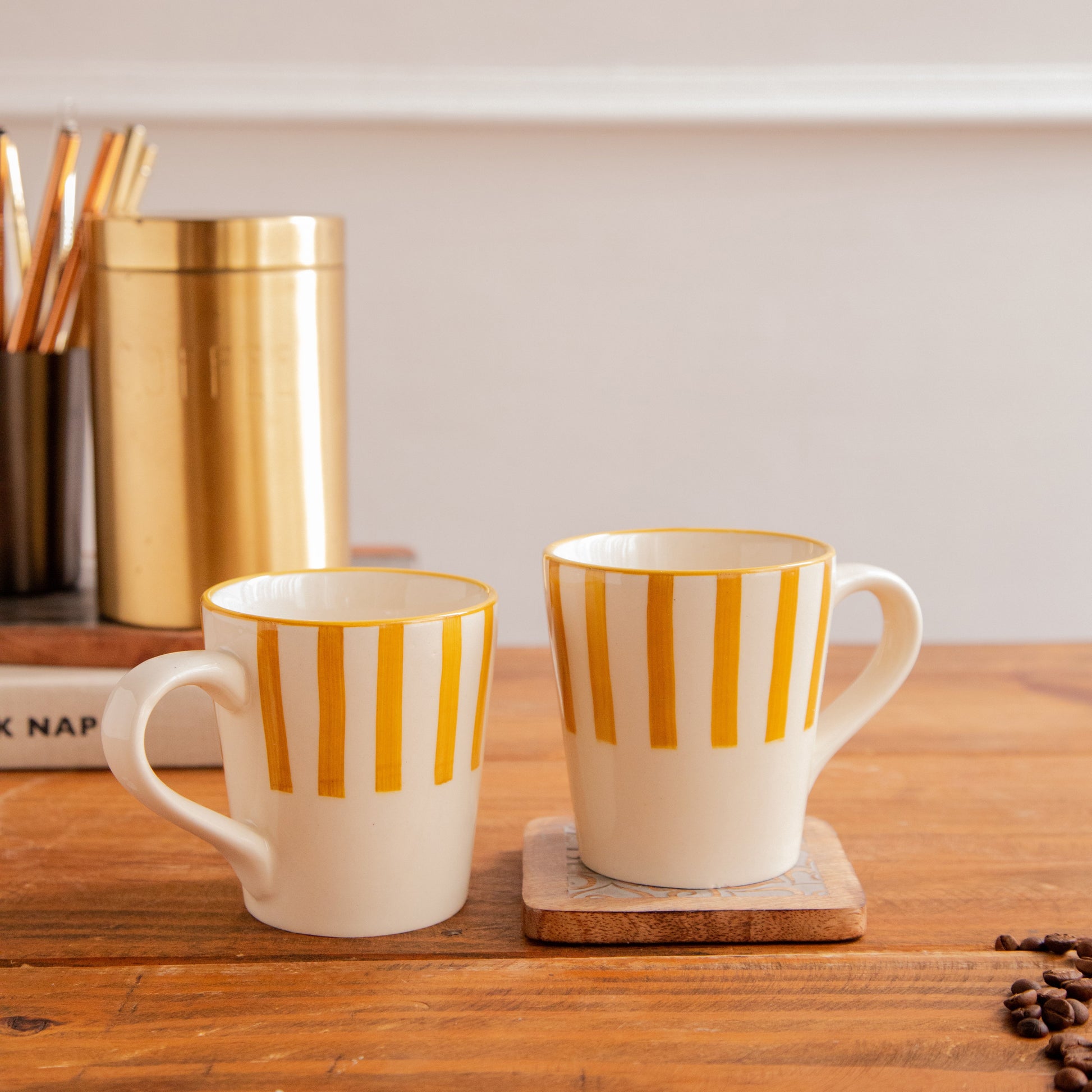 Amber Stripe Hand-Painted Ceramic Mug – 300 ml (Set of 2) 300ml