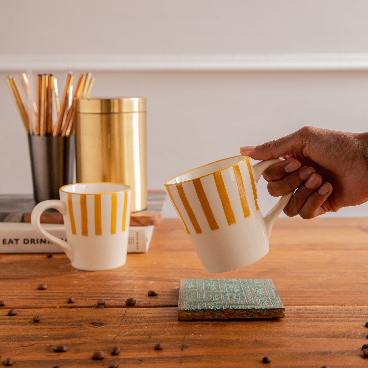 Amber Stripe Hand-Painted Ceramic Mug – 300 ml (Set of 2) 300ml