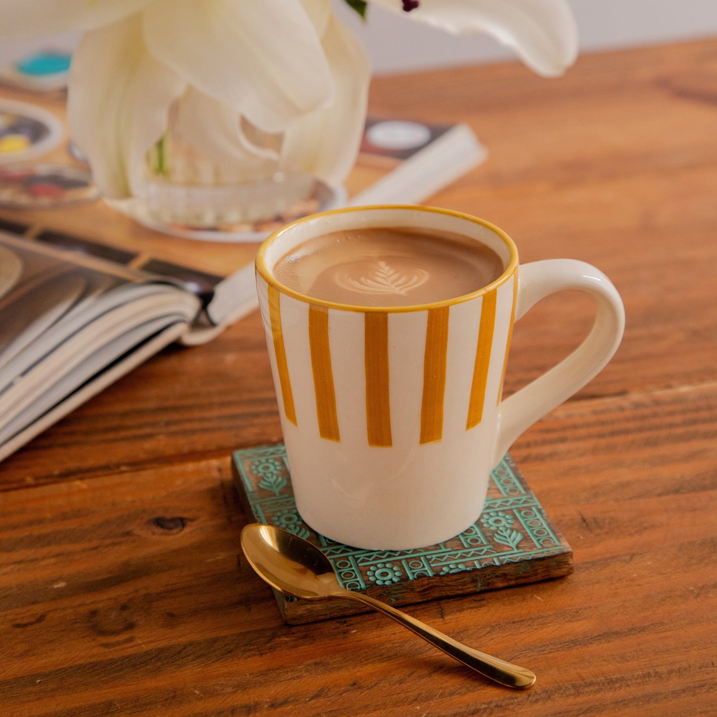 Amber Stripe Hand-Painted Ceramic Mug – 300 ml (Set of 2) 300ml