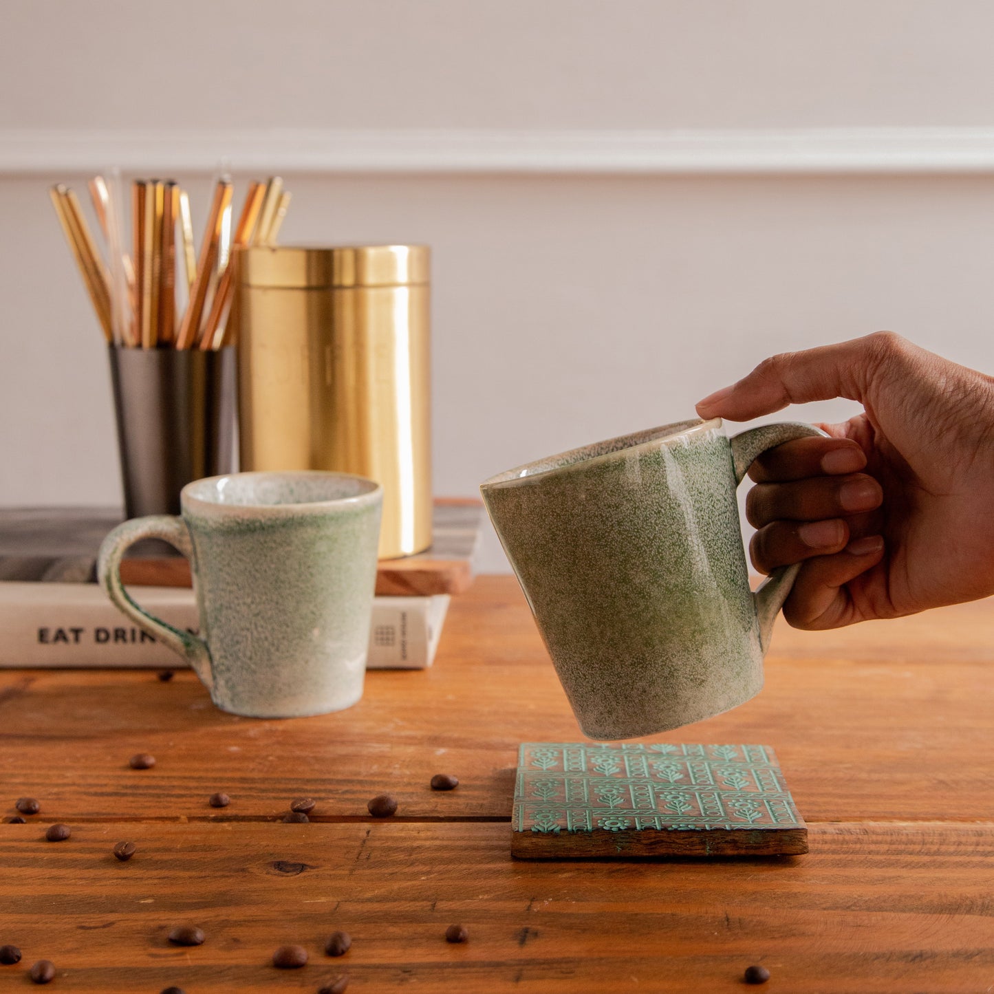 Forest Mist Hand-Painted Ceramic Mug – 300 ml (Set of 2) 300ml