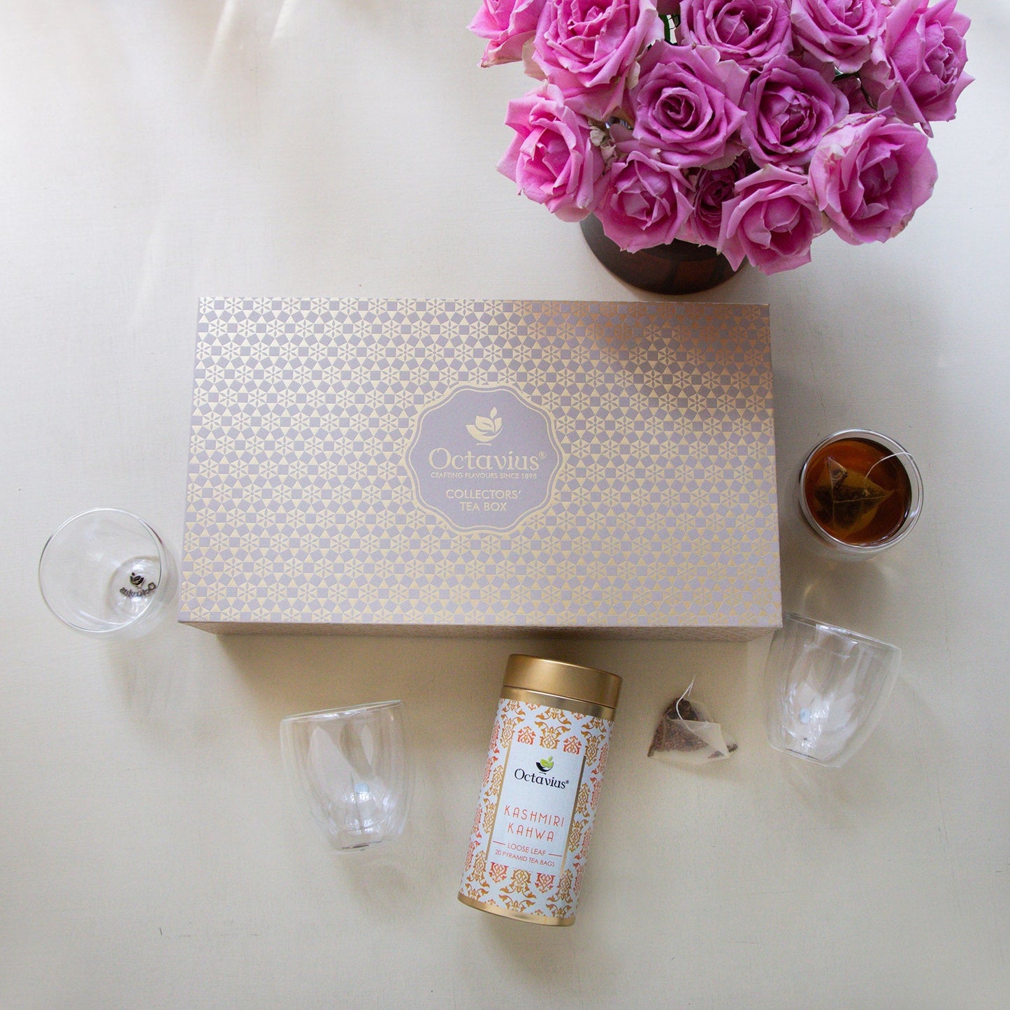 Collector’s Tea Box - Complete Tea Kit ( One Tea of your Choice and Double Wall Glasses) Kashmiri Kahwa