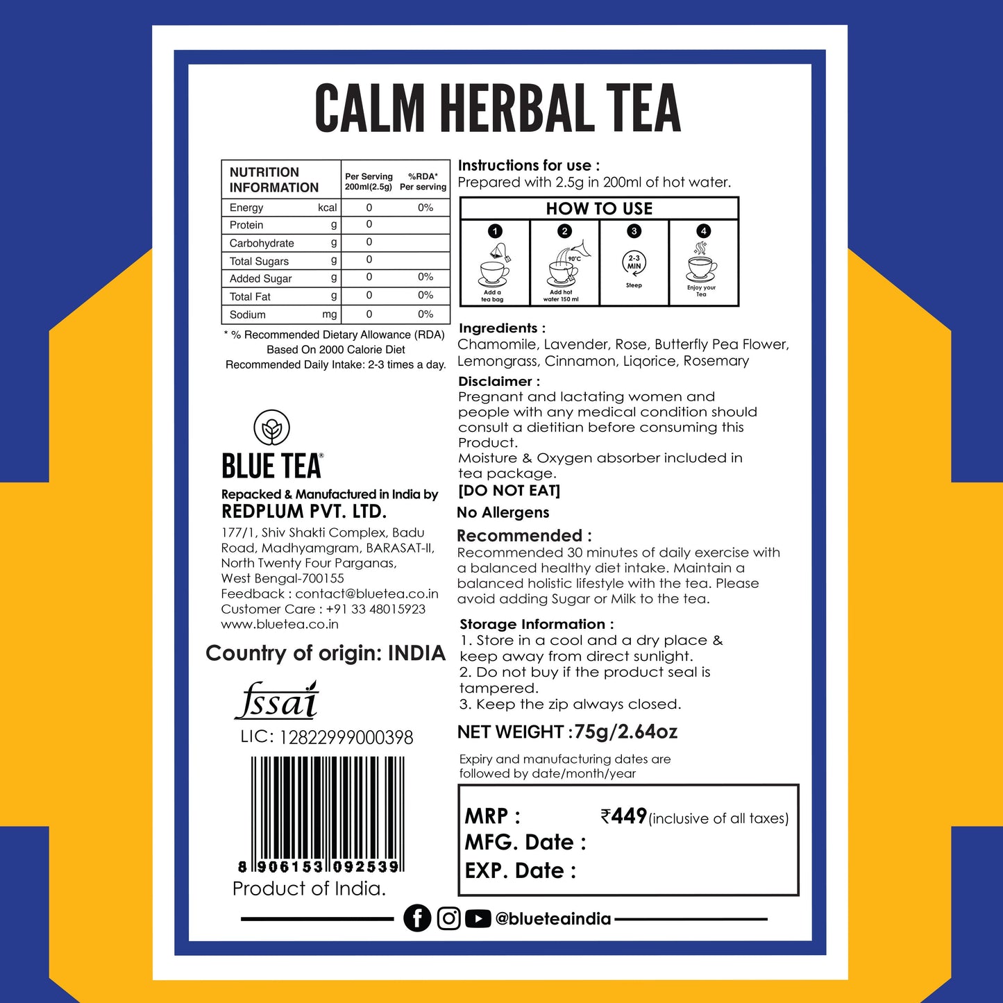 Stress Relief Calm Herbal Tea - 30 Tea Bags | For Migraine, Stress 30 Tea Bags