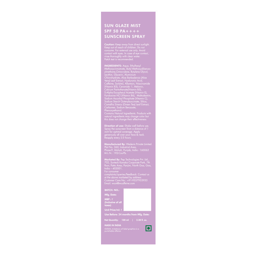 Sun Glaze Mist Face Sunscreen SPF 50 PA++++ Spray- 100ml