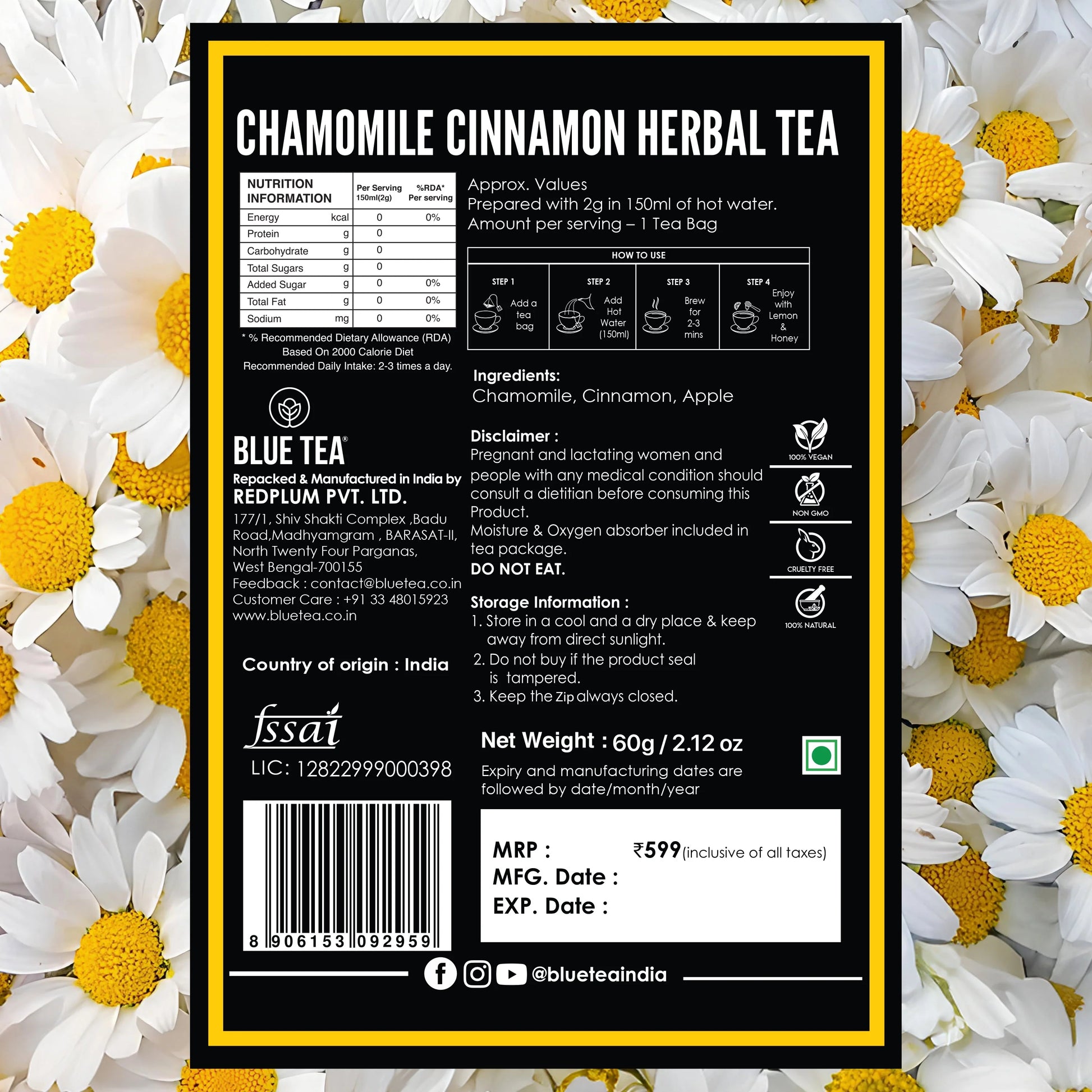 Chamomile Cinnamon Herbal Tea  - 30 Tea Bags 30 Tea Bags