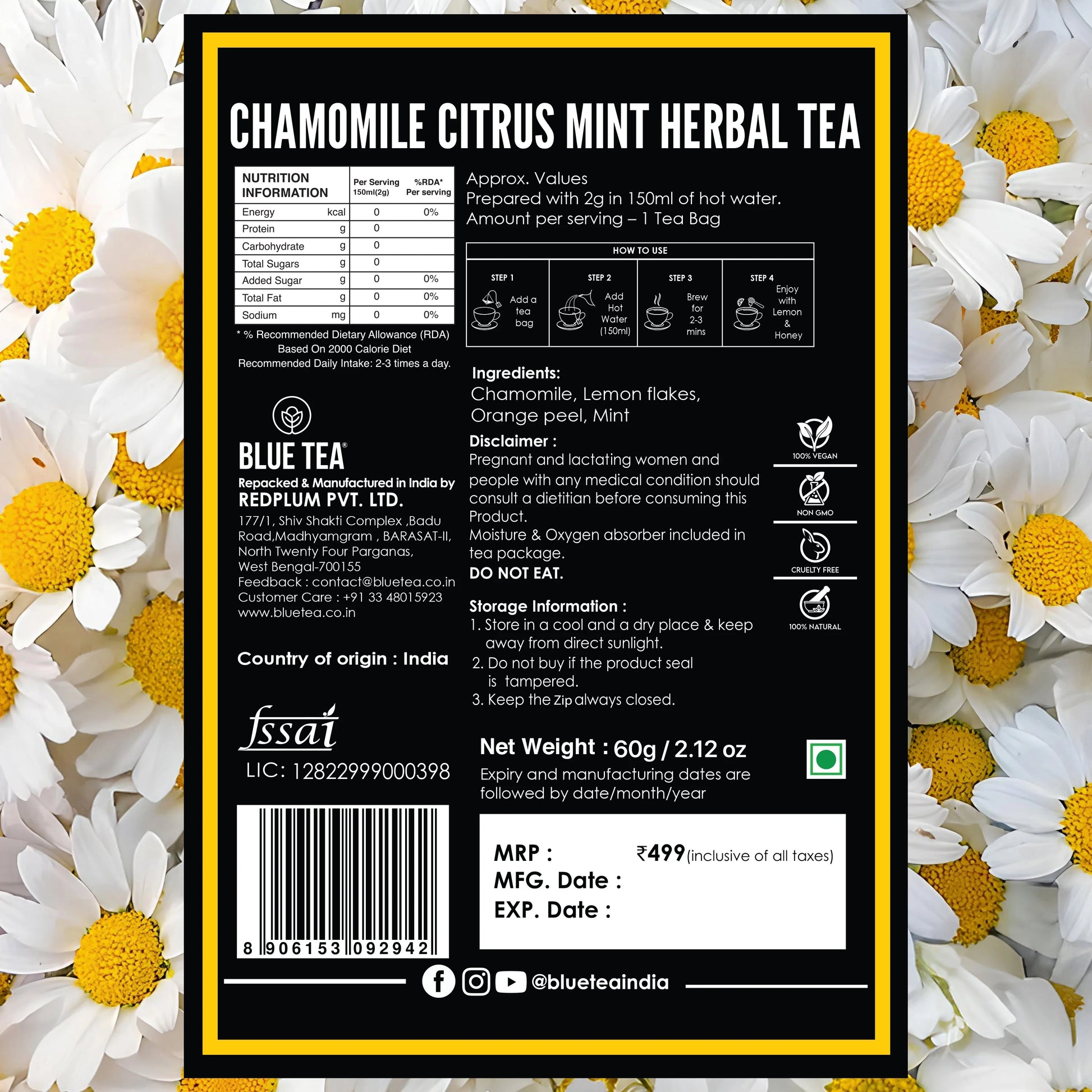 Chamomile Citrus Mint Herbal Tea  - 30 Tea Bags 30 Tea Bags
