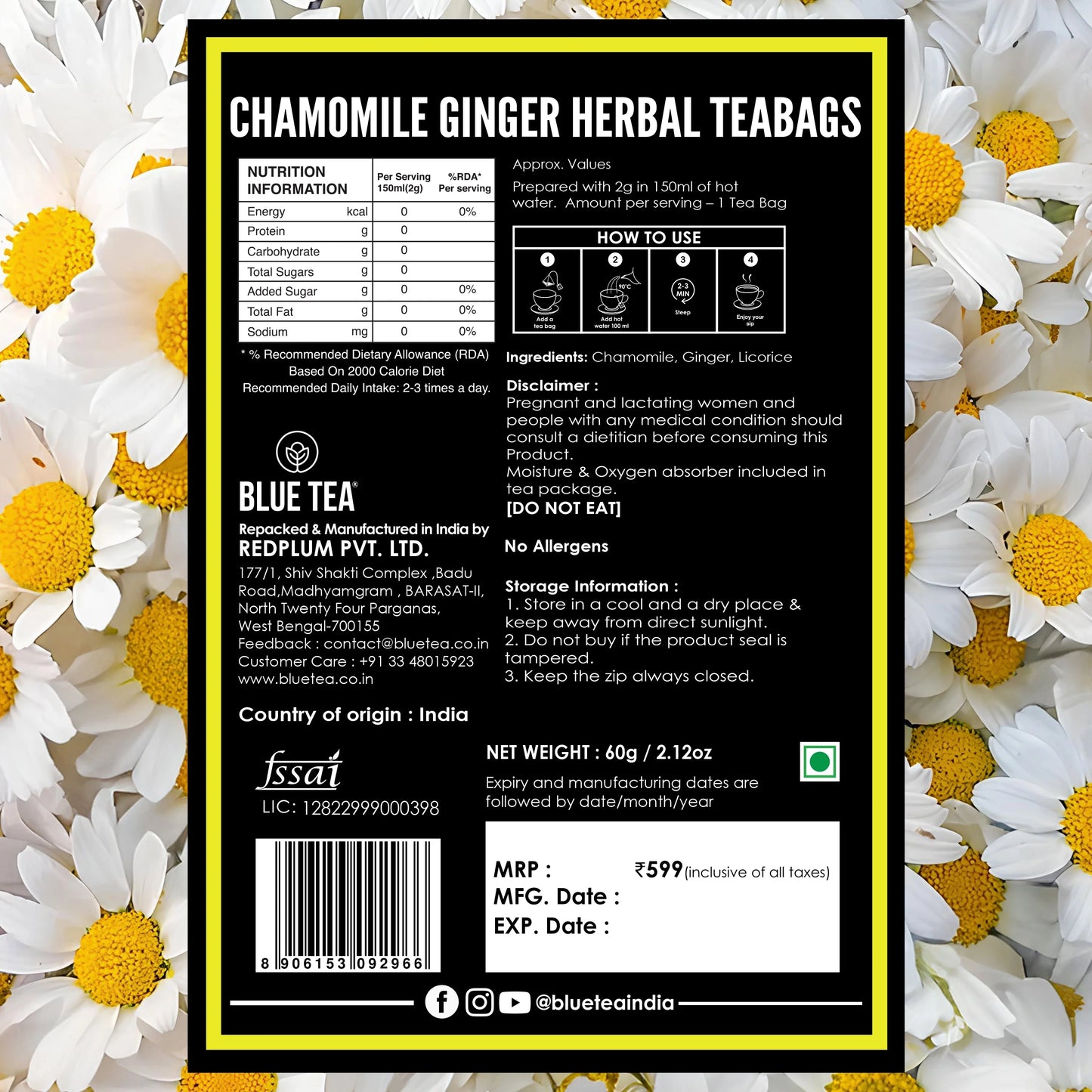 Chamomile Ginger Herbal Tea - 30 Tea Bags 30 Tea Bags