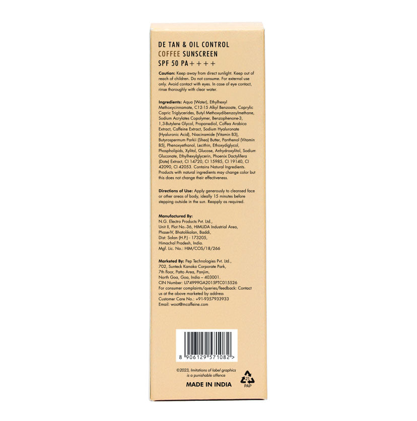 Detan & Oil Control Coffee Sunscreen SPF 50 PA++++ 50 ml