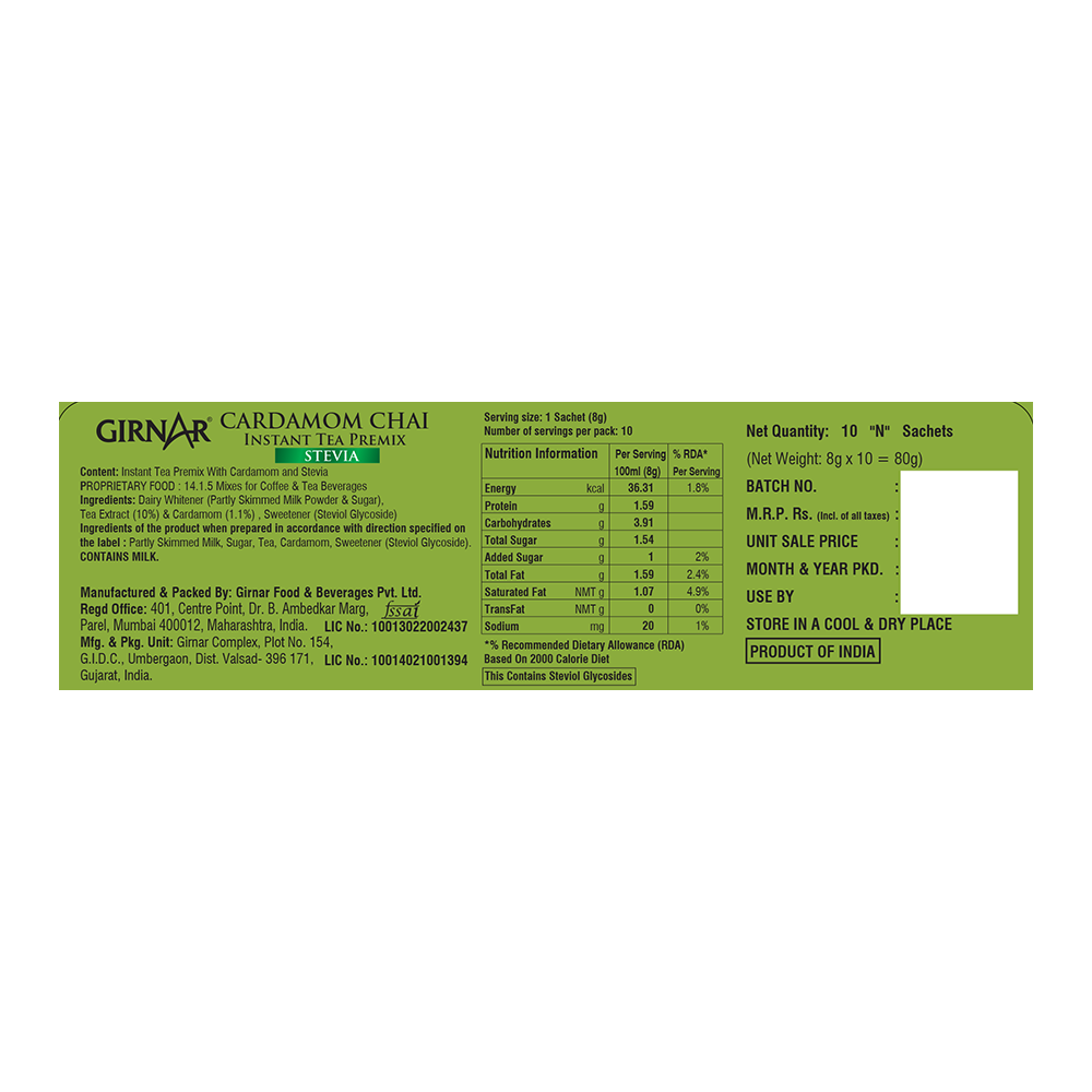 Instant Cardamom Chai Premix With Stevia 10 Sachets
