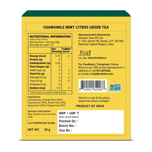 【VAHDAM】 Chamomile Mint Citrus Green Tea, 15 Count｜カモミール ミント シトラス グリーンティー｜15 Count