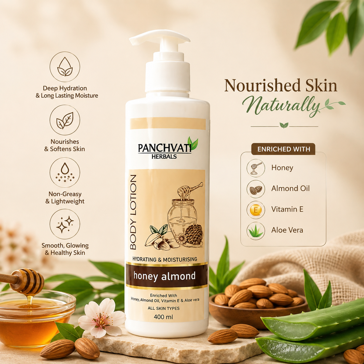 【Panchvati Herbals】 Honey Almond Body Lotion｜ハニー＆アーモンド ボディローション｜400ml