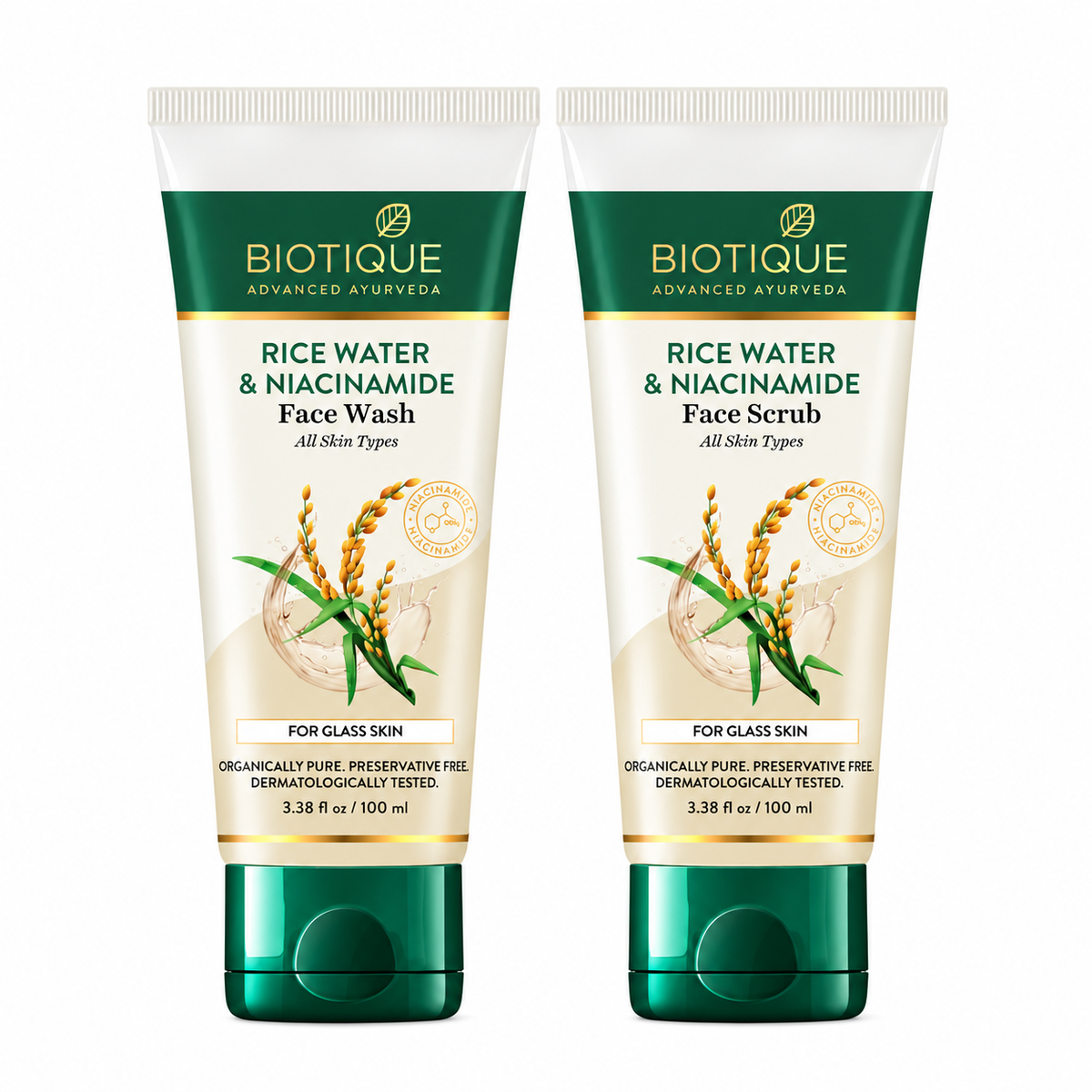 【Biotique】 Rice Water & Niacinamide Face Wash + Face Scrub Combo｜ライスウォーター ナイアシンアミド 洗顔料＋フェイススクラブ セット｜100ml＋100ml