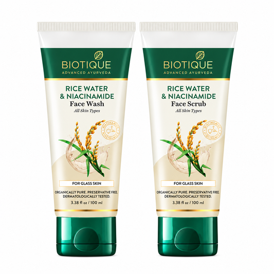 【Biotique】 Rice Water & Niacinamide Face Wash + Face Scrub Combo｜ライスウォーター ナイアシンアミド 洗顔料＋フェイススクラブ セット｜100ml＋100ml