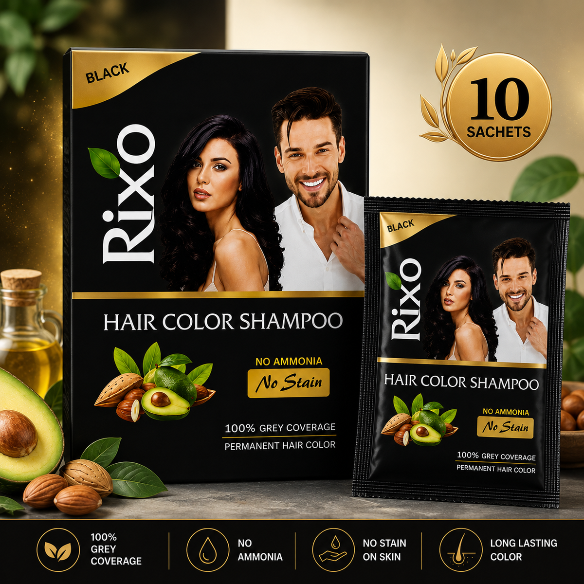 【Panchvati Herbals】 Rixo Black Hair Color Shampoo｜Rixo ブラック ヘアカラーシャンプー 分包タイプ｜25ml×10包（250ml）
