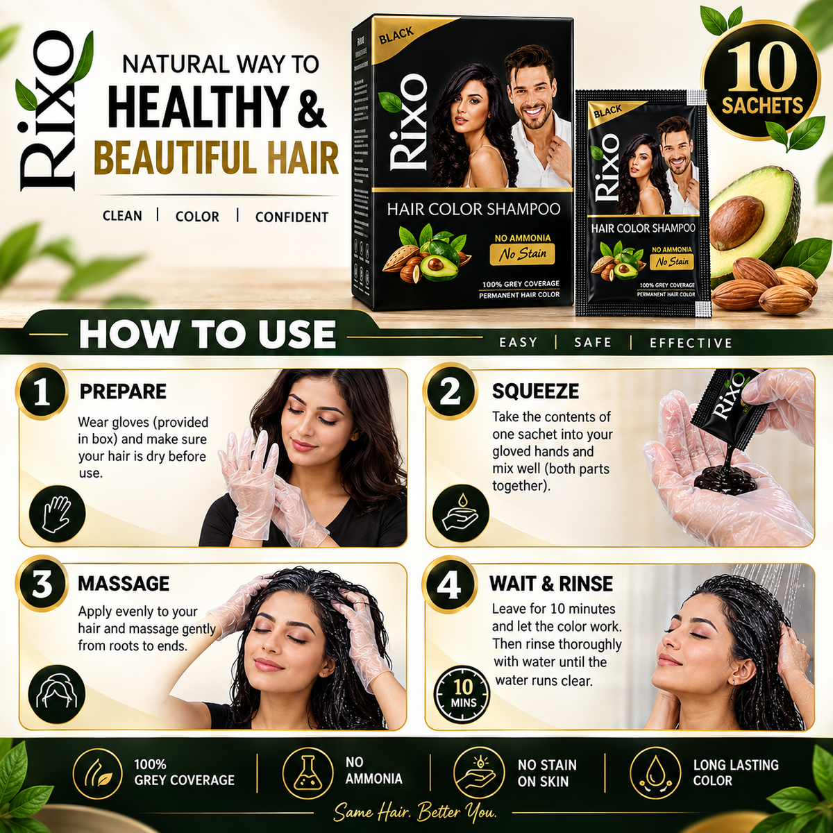 【Panchvati Herbals】 Rixo Black Hair Color Shampoo｜Rixo ブラック ヘアカラーシャンプー 分包タイプ｜25ml×10包（250ml）