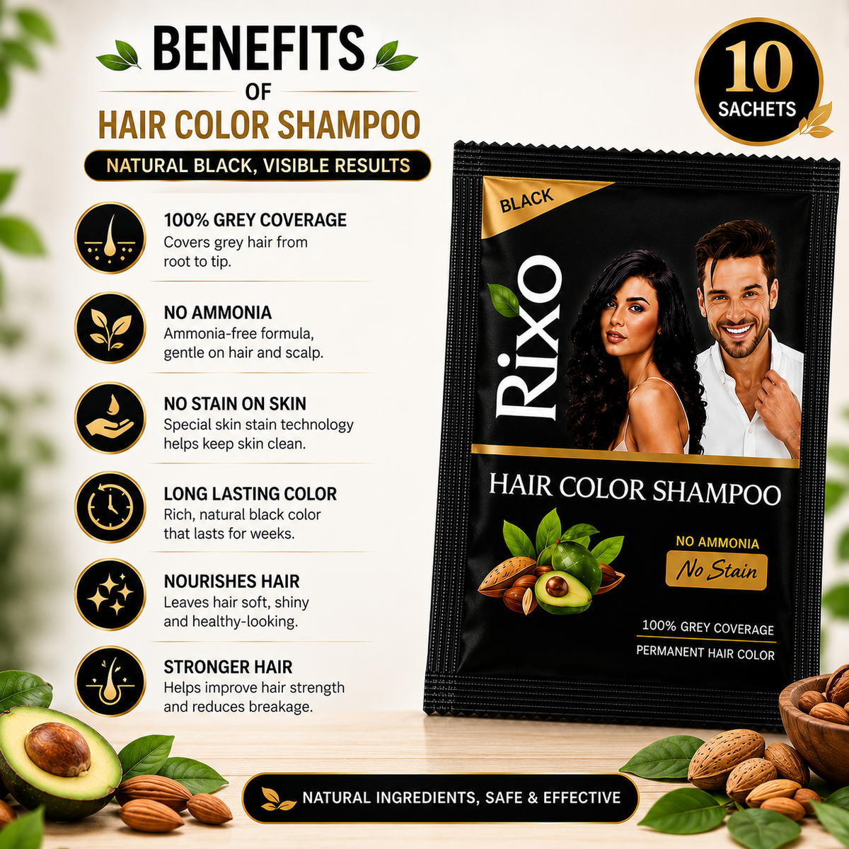 【Panchvati Herbals】 Rixo Black Hair Color Shampoo｜Rixo ブラック ヘアカラーシャンプー 分包タイプ｜25ml×10包（250ml）