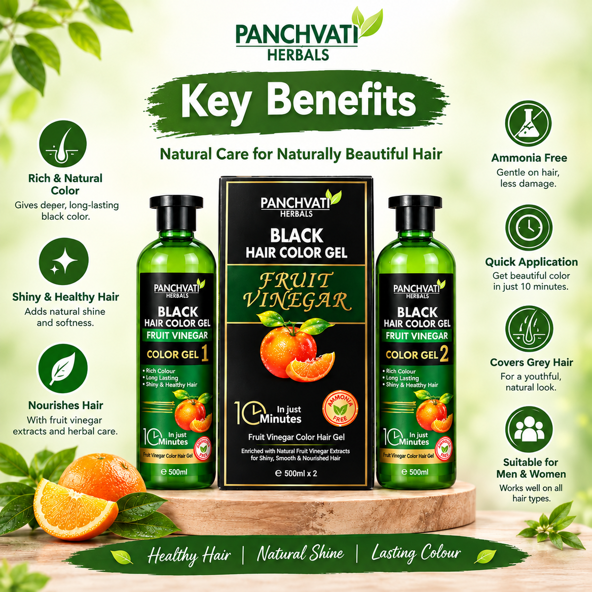 【Panchvati Herbals】 Black Hair Color Gel Fruit Vinegar｜フルーツビネガー ヘアカラージェル ブラック 大容量｜500ml×2（1L）