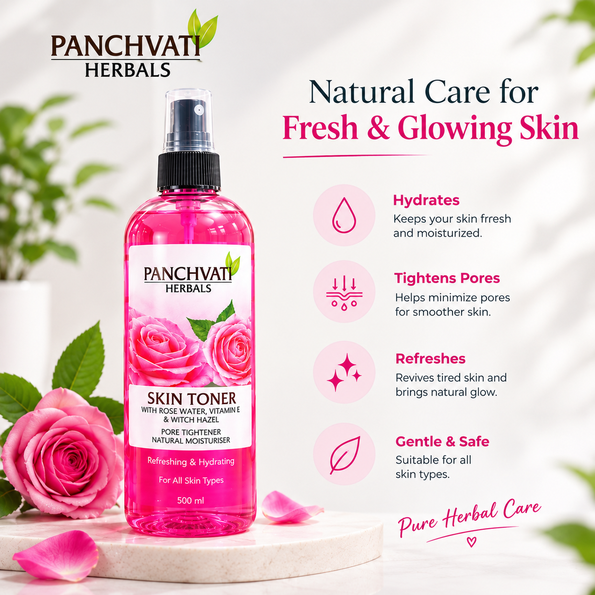 Skin Toner with Rose Extract, Vitamin E & Witch Hazel 500ml