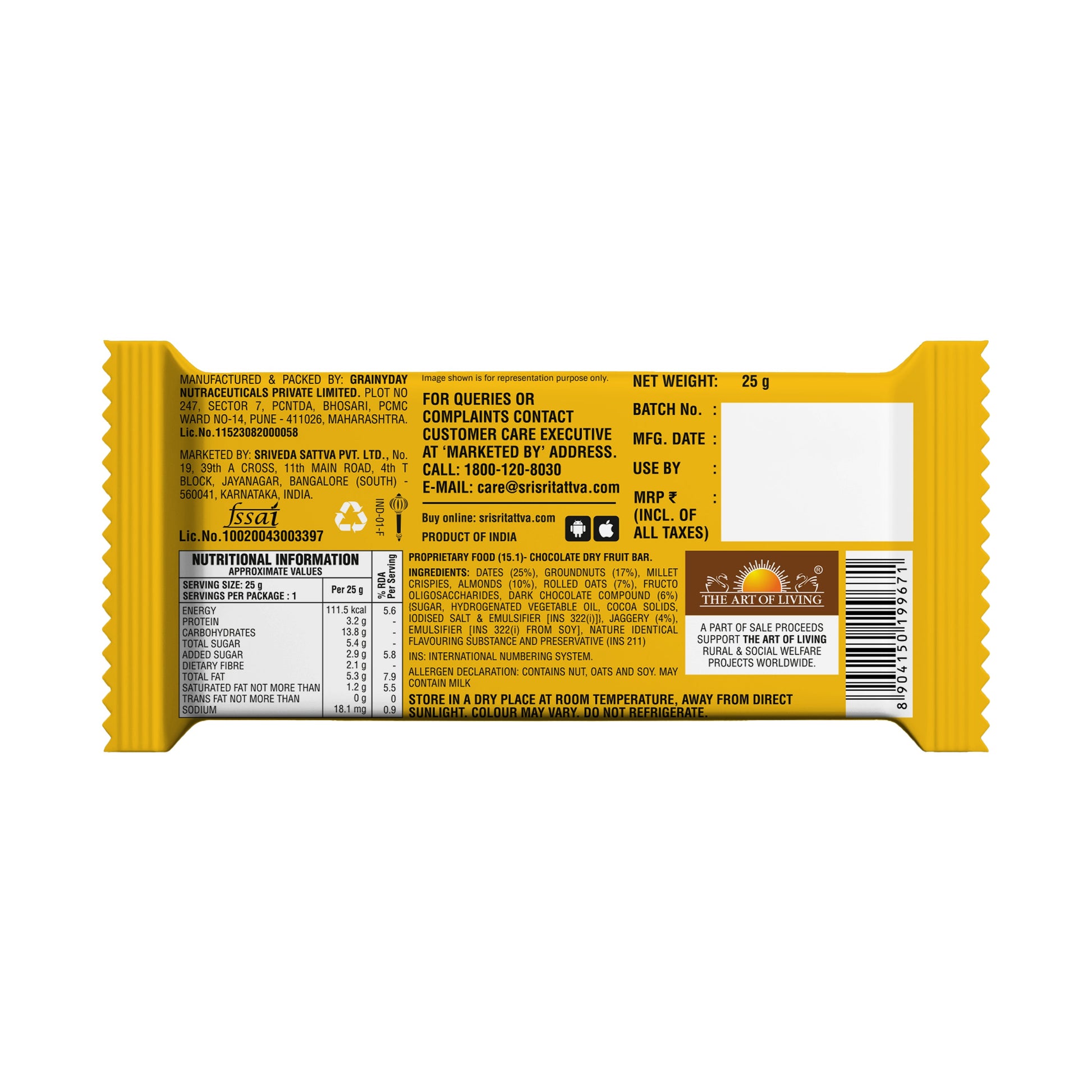 TRUE CREW - Choco Dryfruit Bar, 25 g Each (Pack of 10) 25gx10