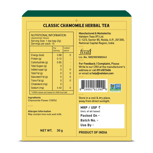 【VAHDAM】 Classic Chamomile Herbal Infusion , 15 Count｜クラシック カモミール ハーバルインフュージョン｜15 Count