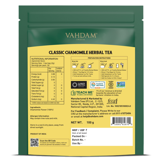 【VAHDAM】 Classic Chamomile Herbal Infusion, 50 Count｜クラシック カモミール ハーバルインフュージョン｜50 Count