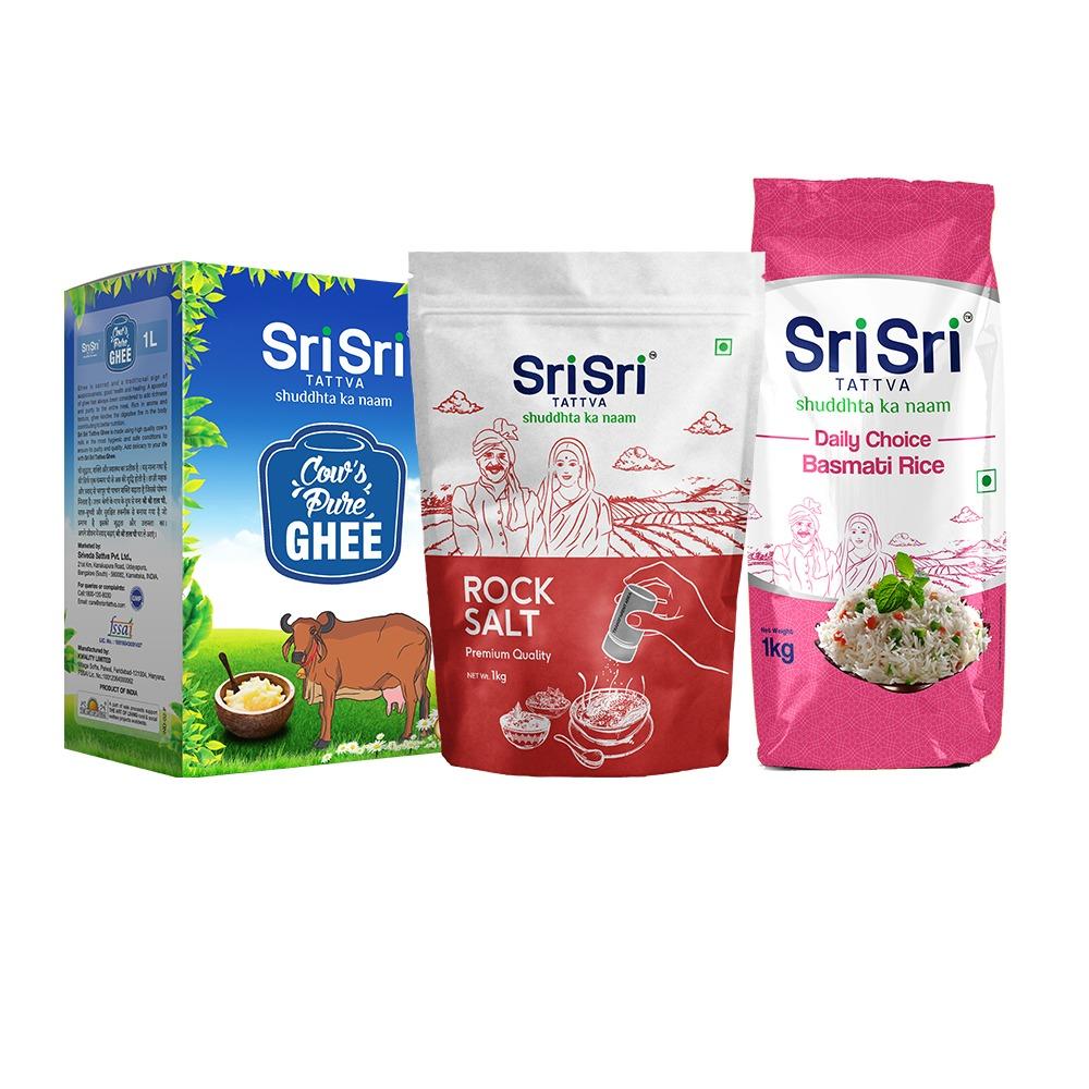 【Sri Sri Tattva】 Kitchen Stars Set (Cow Pure Ghee, Rock Salt, Daily Choice Rice)｜ キッチン・スターズ セット（カウピュアギー、ロックソルト、デイリーチョイスライス）｜ ギー1L＋岩塩1kg＋米1kg