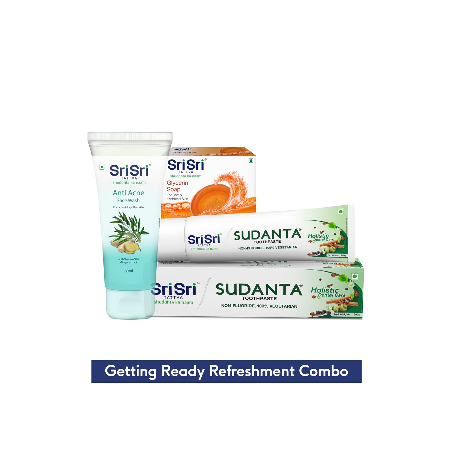 【Sri Sri Tattva】 Getting Ready Refreshment Combo (Sudanta Toothpaste, Glycerin Soap, Anti Acne Face Wash)｜ 身支度リフレッシュ コンボ（スダンタ歯みがき、グリセリン石けん、ニキビ対策洗顔料）｜ 500g