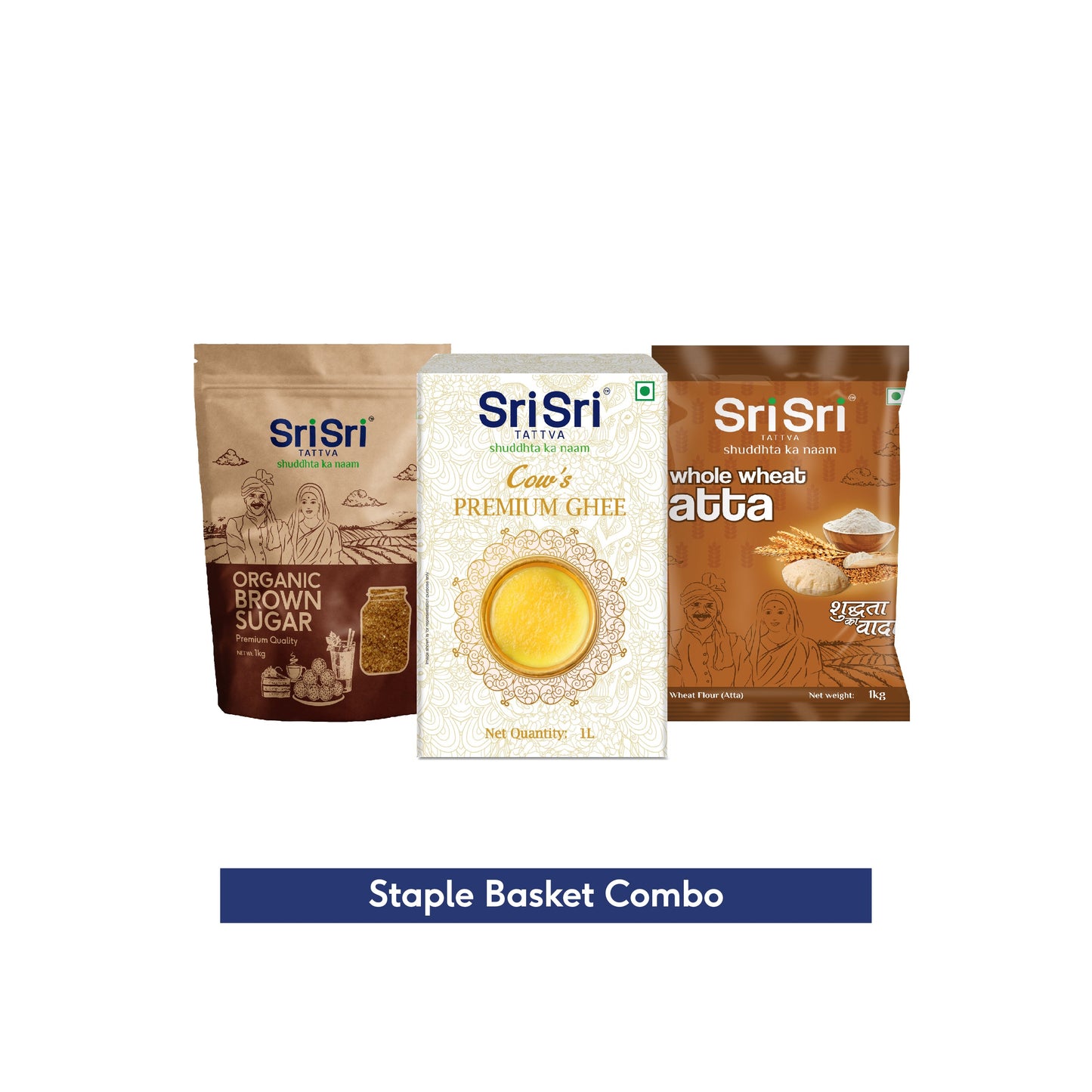 【Sri Sri Tattva】 Staple Basket (Cow's Premium Ghee, Organic Brown Sugar, Whole Wheat Atta)｜ 主食バスケット（牛プレミアムギー、有機ブラウンシュガー、全粒小麦アタ）｜ 2800g