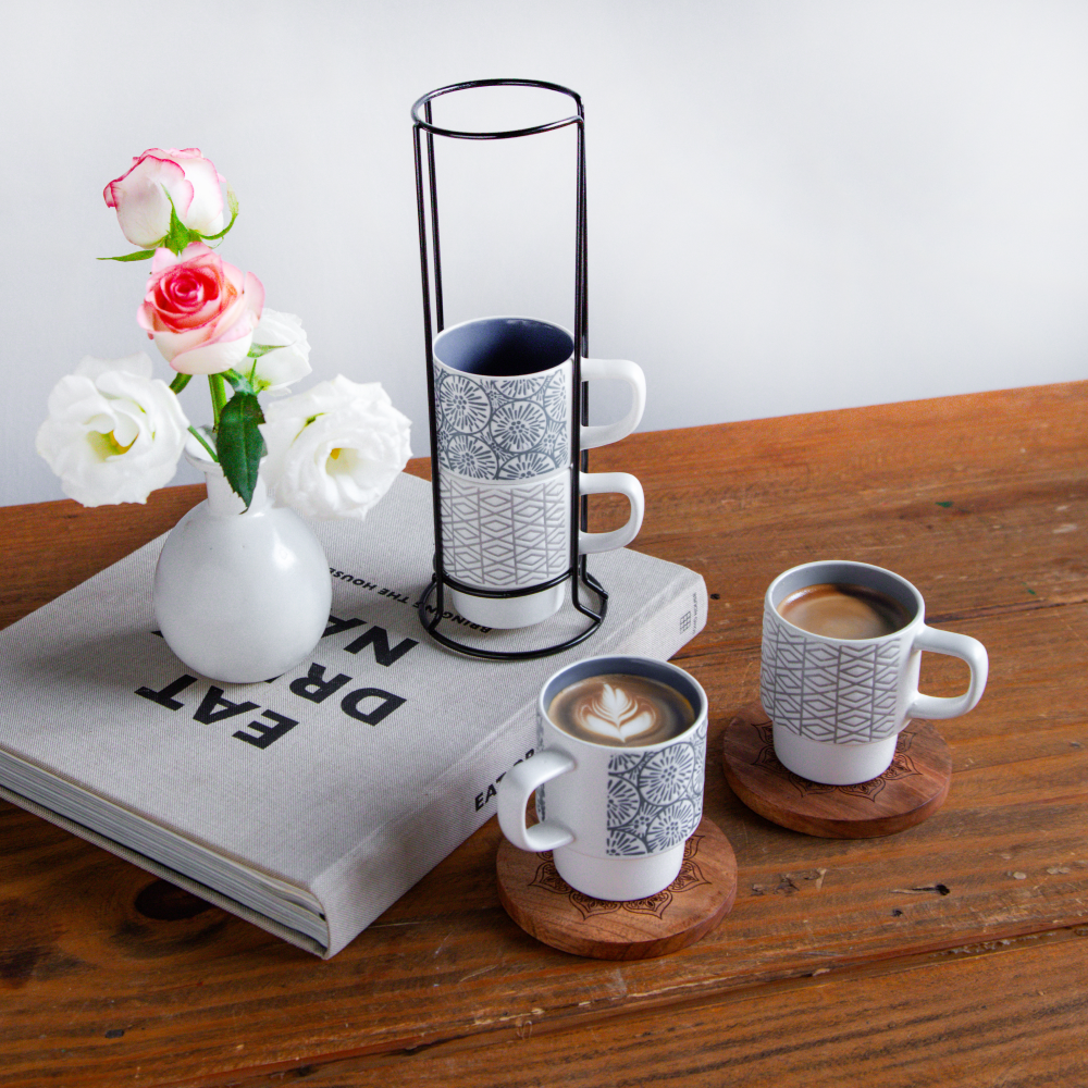 GeoBloom Stacking Mug Set (4 pcs with Stand) – 150 ml each 4pcs