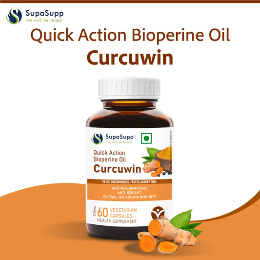 SupaSupp Quick Action Bioperine Oil Curcuwin | Anti-Inflammatory, Anti-Oxidant, Overall Repair And Immunity | Health Supplement | 60 Veg Cap, 500 mg 500mg