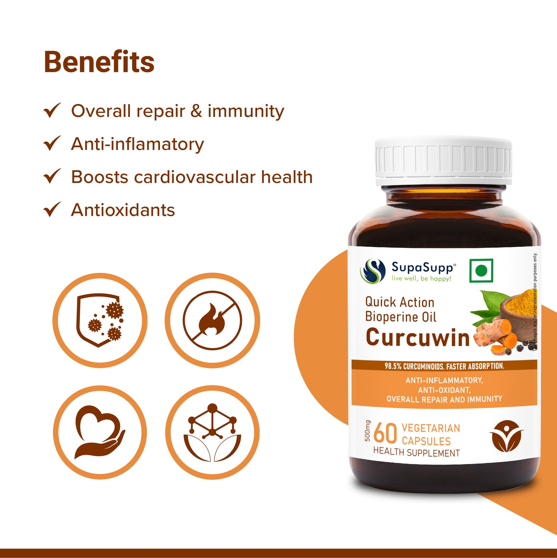 SupaSupp Quick Action Bioperine Oil Curcuwin | Anti-Inflammatory, Anti-Oxidant, Overall Repair And Immunity | Health Supplement | 60 Veg Cap, 500 mg 500mg