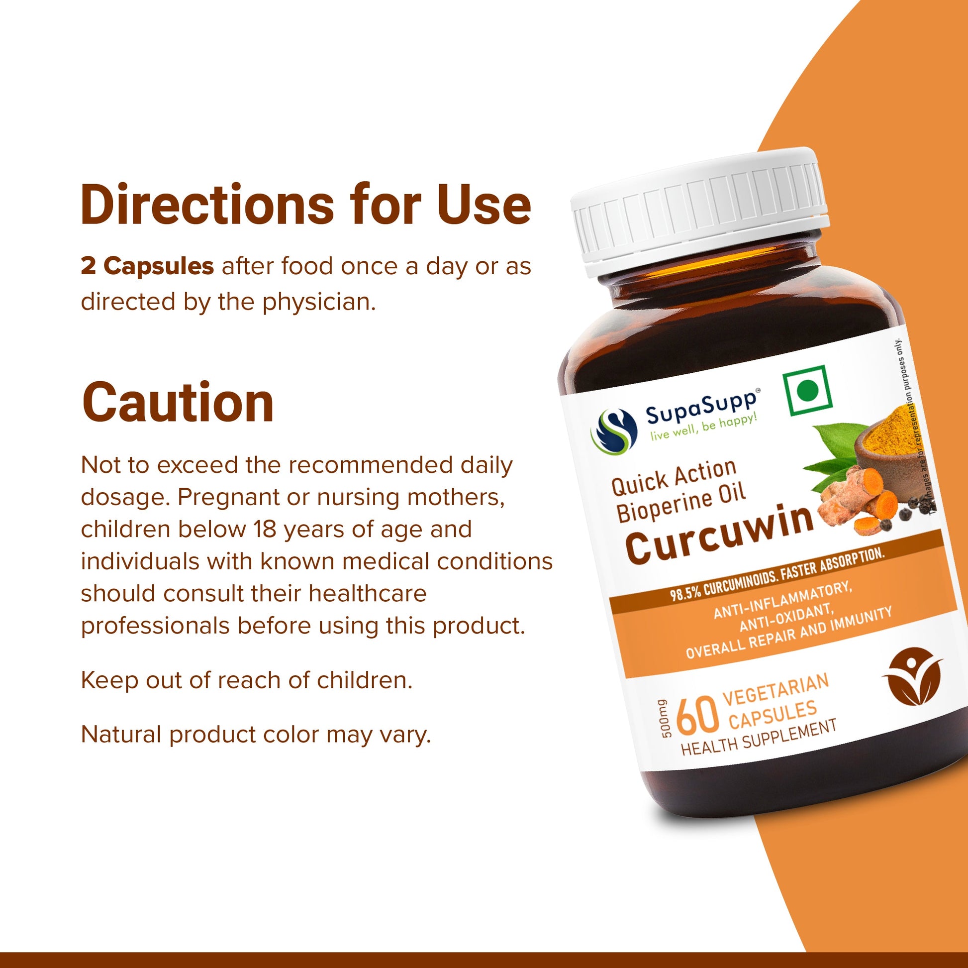 SupaSupp Quick Action Bioperine Oil Curcuwin | Anti-Inflammatory, Anti-Oxidant, Overall Repair And Immunity | Health Supplement | 60 Veg Cap, 500 mg 500mg