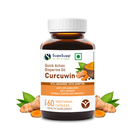 SupaSupp Quick Action Bioperine Oil Curcuwin | Anti-Inflammatory, Anti-Oxidant, Overall Repair And Immunity | Health Supplement | 60 Veg Cap, 500 mg 500mg