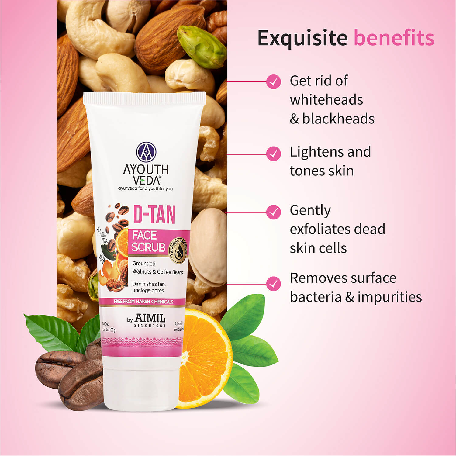 D-Tan Scrub for Tan Removal, Glowing Skin & Deep Exfoliation | With Papaya, Lemon, Almond & Walnut | Removes Dead Skin Cells, Improves Texture | For All Skin Types | 100g 100g